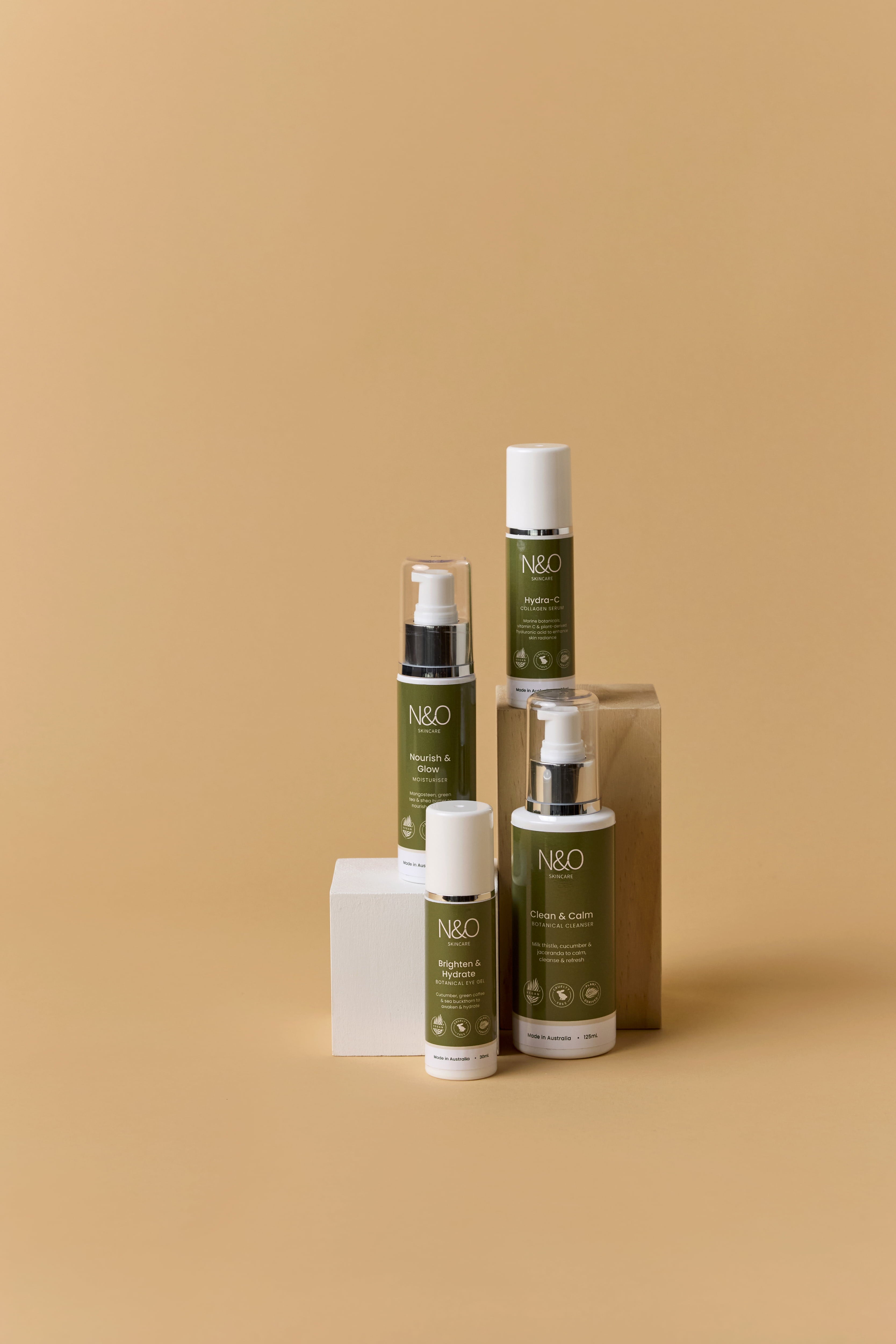 Set of skincare products with N&O branding on a beige background